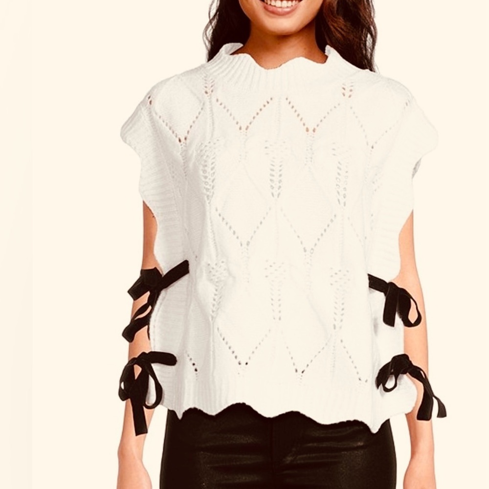 Impressions Ivory Pullover Sweater Tank Top Vest with Black Ties L